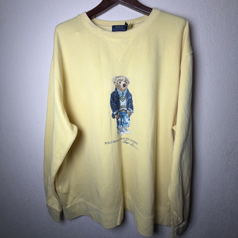 Polo Ralph Lauren Men's Yellow Knit Pullover Sweater 2XB Crewneck Polo Bear Logo